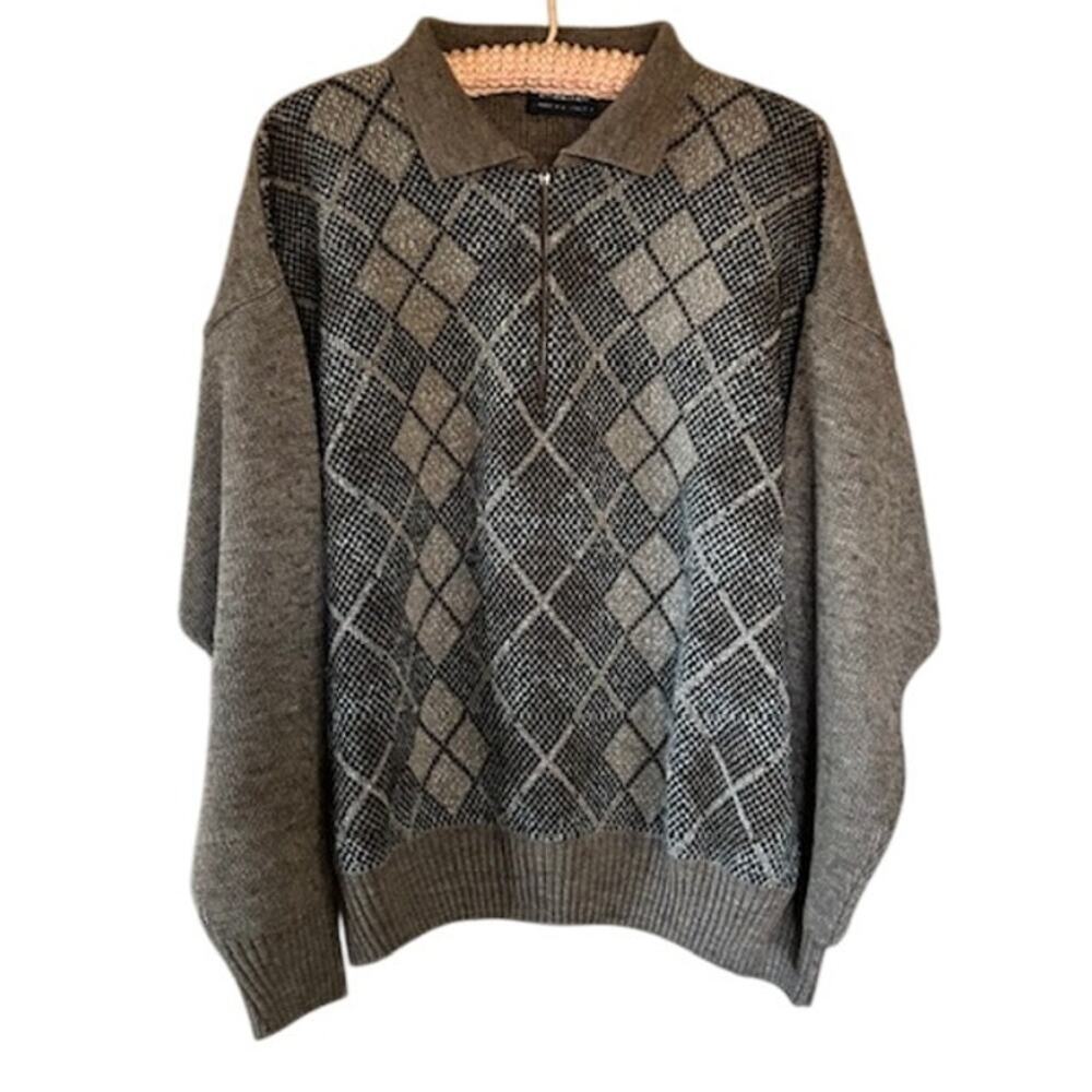 Lorenzo Tan & Blue Argyle Half Zip Wool Blend Sweater, Large